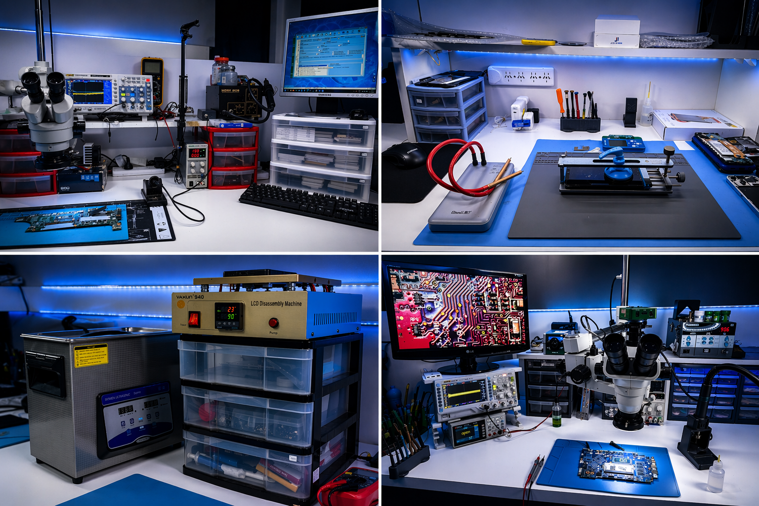 Estaciones de trabajo del taller Delphos — microscopios, osciloscopio, separadora LCD y herramientas de precisión